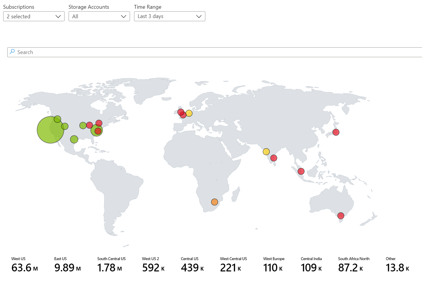 Captura de tela que mostra um exemplo de uma visualização de mapa das Pastas de Trabalho do Azure.