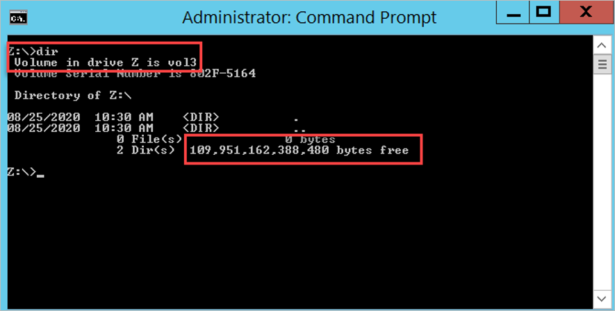 Captura de tela que mostra o uso de um comando para exibir a capacidade de armazenamento de um volume antes da alteração de comportamento.