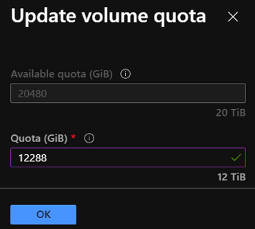 Captura de ecrã que mostra a janela Atualizar Quota de Volume.