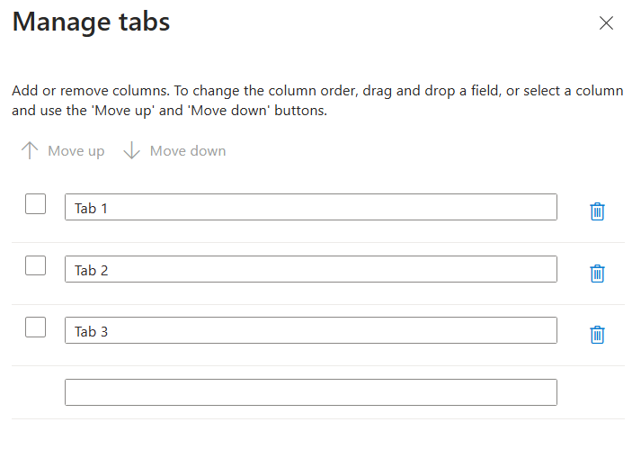 Captura de ecrã da página Gerir separadores no hub Dashboard no portal do Azure.