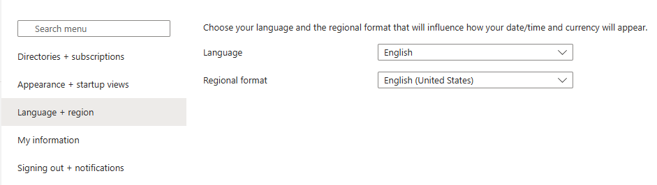 Captura de tela mostrando o painel Configurações de idioma + região.