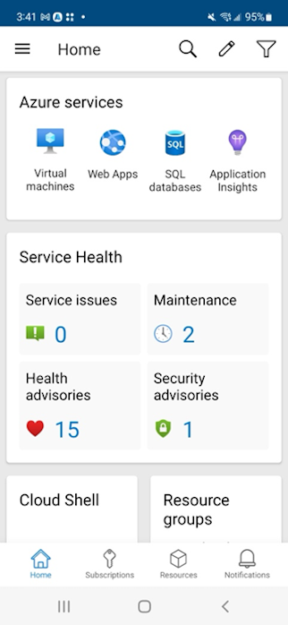 Captura de ecrã do ecrã inicial da aplicação móvel do Azure com cartões de visualização numa nova ordem.