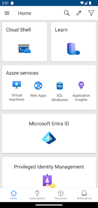 Captura de ecrã a mostrar a Página Inicial da aplicação móvel do Azure com o cartão Cloud Shell.