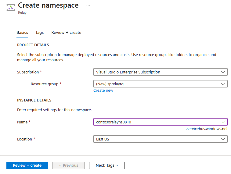 Captura de tela mostrando a página Criar namespace.