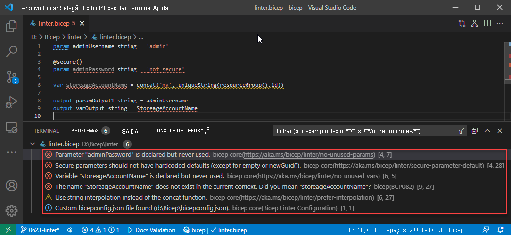 Uso de linter do bíceps no Visual Studio Code.