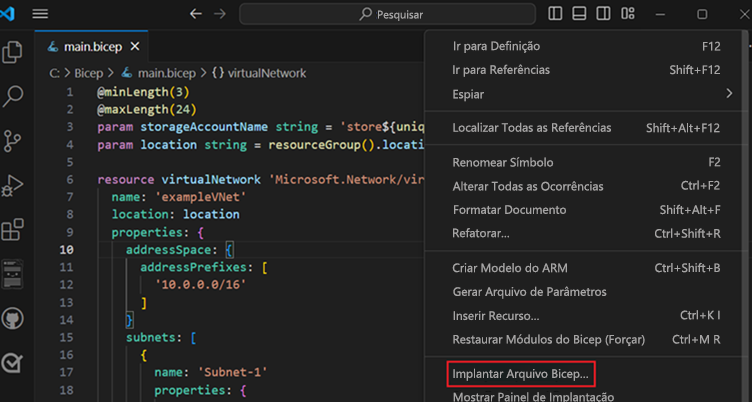 Captura de tela da opção Implantar arquivo Bicep.
