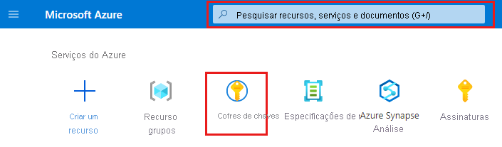 Captura de ecrã da home page do Azure para abrir um cofre de chaves utilizando a pesquisa ou selecionando o cofre de chaves.