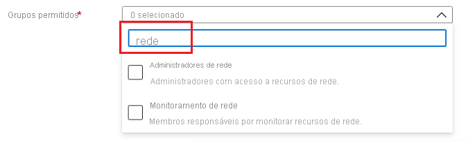 Captura de tela do elemento Microsoft.Common.DropDown UI com seleção múltipla e filtragem habilitadas.