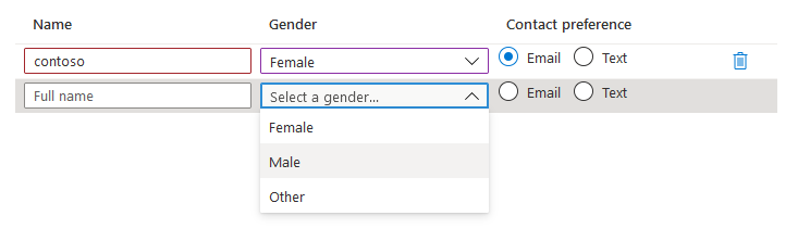 Captura de ecrã do elemento Microsoft.Common.EditableGrid UI com campos editáveis e linhas variáveis.