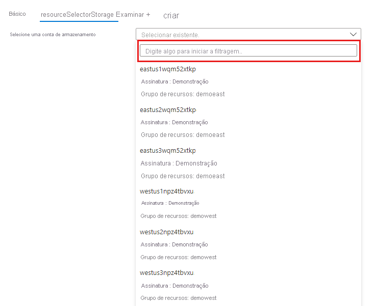 Captura de ecrã da lista de seletores de recursos de todas as contas de armazenamento numa subscrição.
