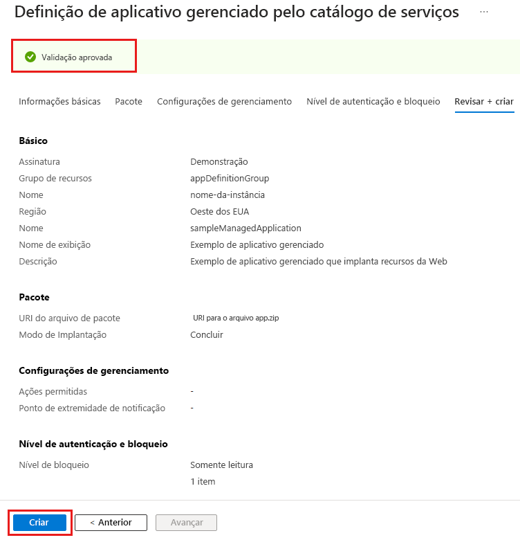 Captura de tela do portal que mostra a validação passada para a definição de aplicativo gerenciado.