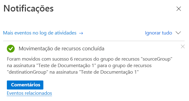 Captura de ecrã do portal do Azure a apresentar uma notificação com os resultados da operação de movimentação.