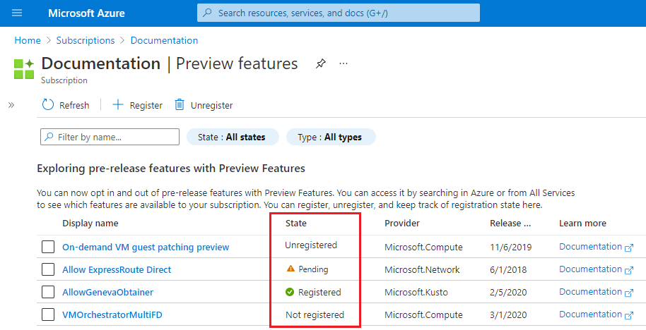 Captura de ecrã da lista de funcionalidades de pré-visualização do portal do Azure.