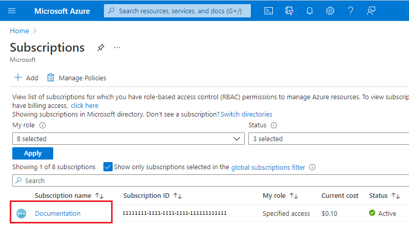 Captura de ecrã do portal do Azure com a seleção de subscrição realçada.