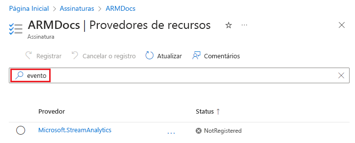 Captura de ecrã a mostrar a localização de fornecedores de recursos no portal do Azure.