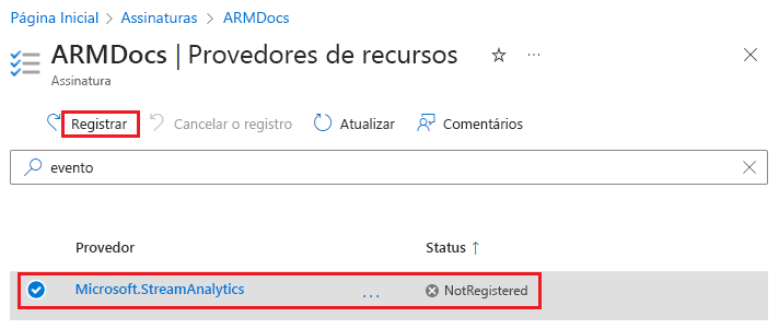 Captura de ecrã a mostrar o registo de um fornecedor de recursos no portal do Azure.