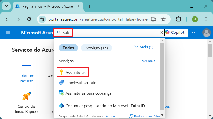 Captura de ecrã a mostrar a pesquisa de subscrições no portal do Azure.