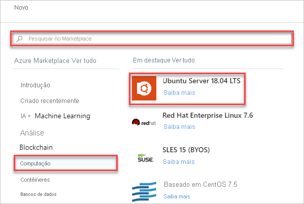 Captura de ecrã a mostrar a seleção de um tipo de recurso no portal do Azure