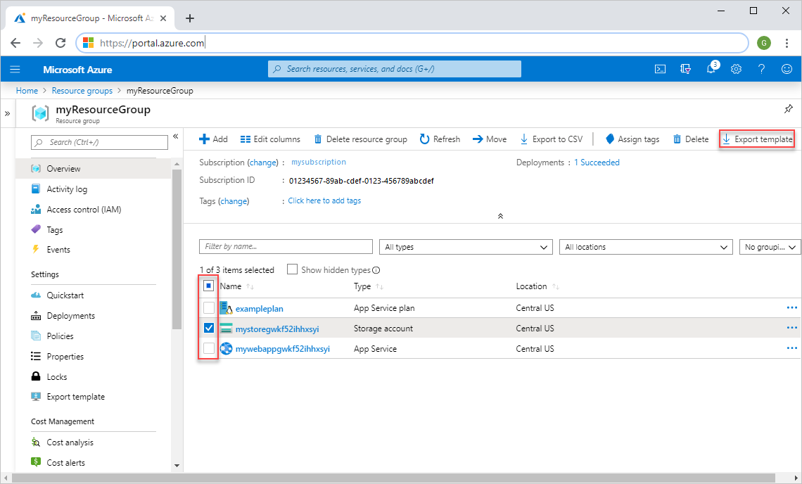 Captura de ecrã a mostrar a seleção de todos os recursos para exportação no portal do Azure.