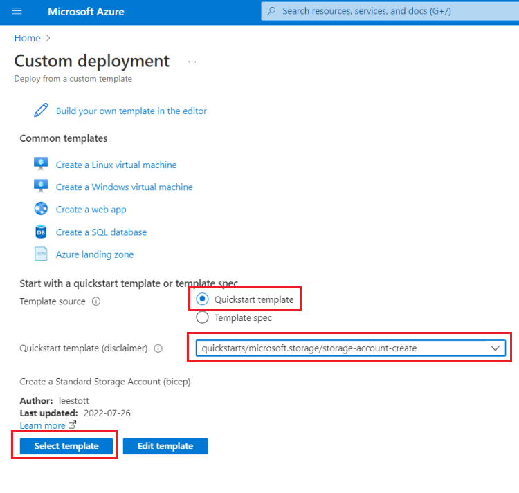 Captura de ecrã a mostrar a seleção de um Modelo de Início Rápido no portal do Azure.