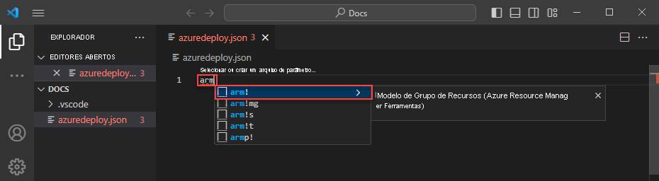 Captura de ecrã a mostrar fragmentos de andaimes do Azure Resource Manager.