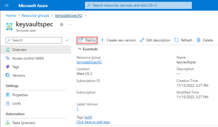 Captura de ecrã a mostrar a descrição geral das especificações do modelo do Azure com a opção de implementação realçada.