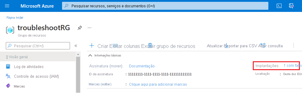 Captura de ecrã da página de descrição geral do grupo de recursos do Azure que mostra uma implementação falhada com um ícone de ponto de exclamação vermelho na secção do histórico de implementação.