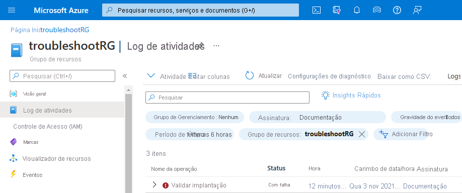 Captura de ecrã do registo de atividades do grupo de recursos do Azure a mostrar uma entrada de erro de comprovação com um ícone de ponto de exclamação vermelho.