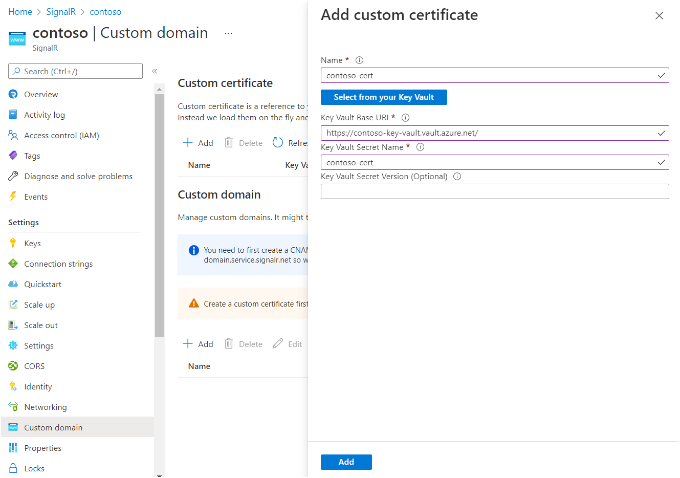 Captura de ecrã a mostrar a adição de um certificado personalizado.