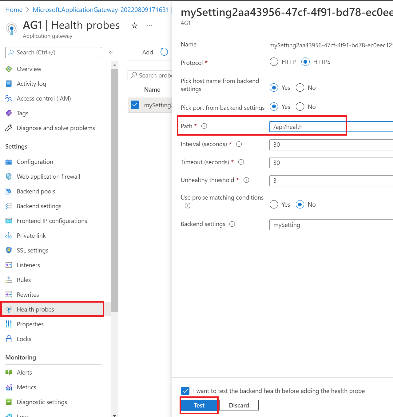 Captura de tela da configuração da sonda de integridade de back-end do gateway de aplicativo para o Serviço SignalR.