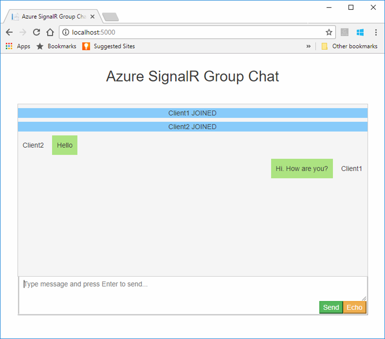 Exemplo de um chat de grupo do Azure SignalR