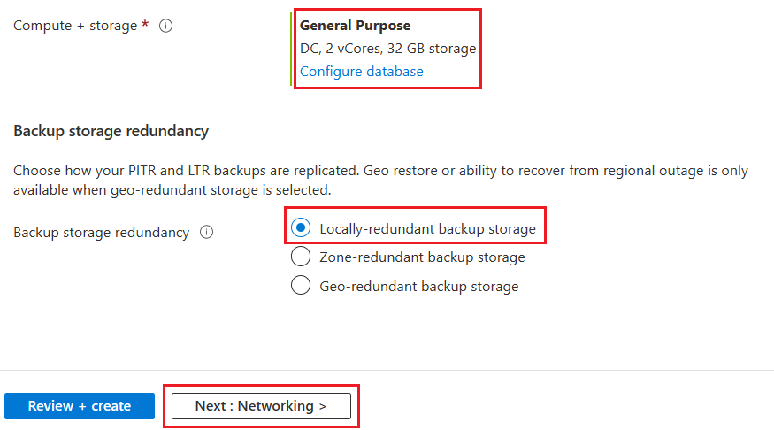 Screenshot of Azure portal, showing Configure DC-series database - basics.