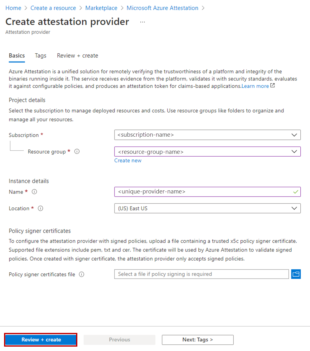 Screenshot of the Azure portal Create attestation provider menu.