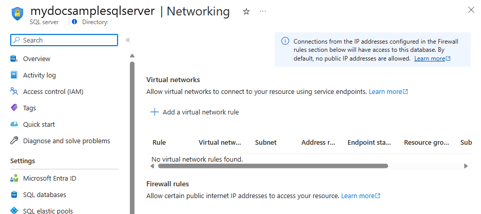 Captura de tela mostra a página Rede onde você pode definir as regras de firewall IP no nível do servidor.