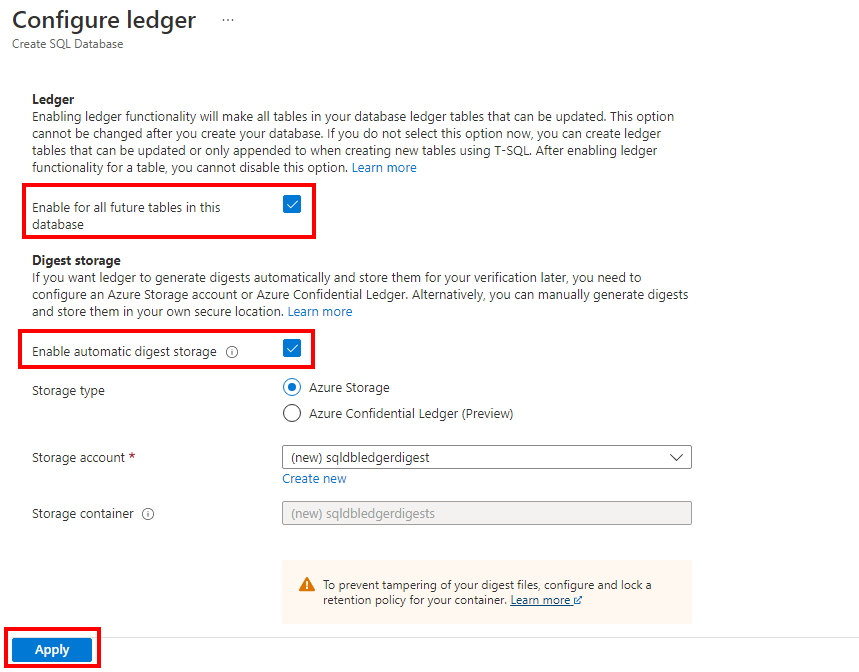 Screenshot that shows the Configure ledger pane in the Azure portal.