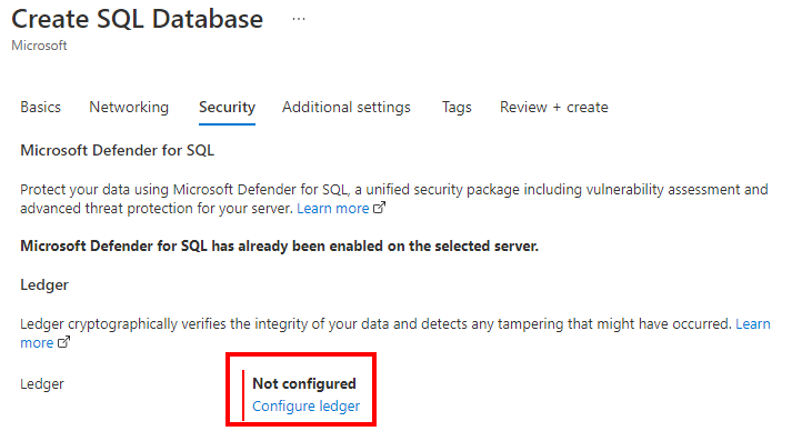 Screenshot that shows configuring a ledger on the Security tab of the Azure portal.
