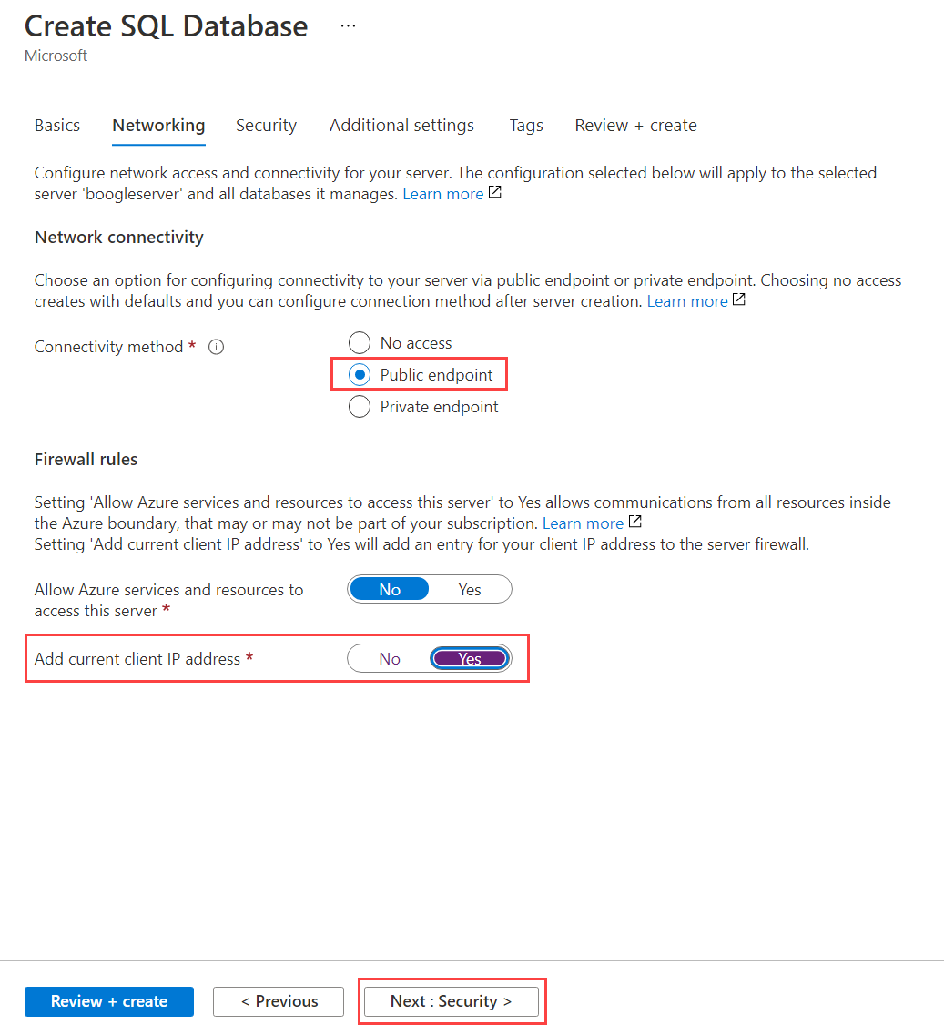 Screenshot that shows the Networking tab of the Create SQL Database screen in the Azure portal.