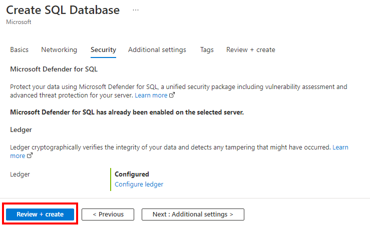 Screenshot that shows reviewing and creating a ledger database on the Security tab of the Azure portal.