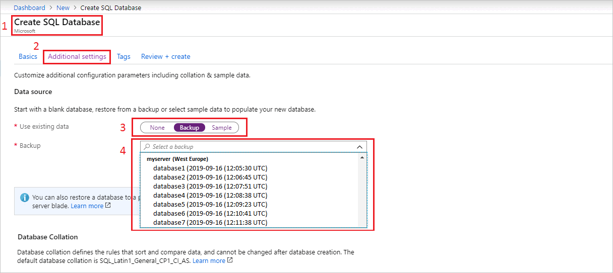 Screenshot of the Azure portal that shows options to create a database.