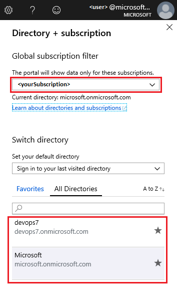 Captura de tela do portal do Azure mostrando a página Diretório + filtro de assinatura, onde você escolheria o diretório.