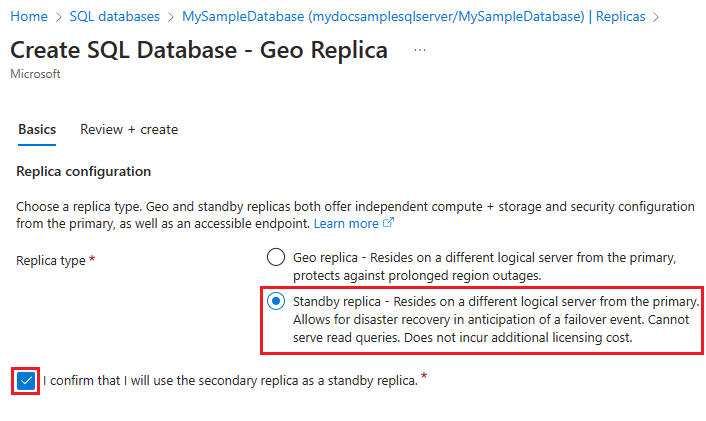 Screenshot of the Create geo replica page with standby replica highlighted in the Azure portal. 