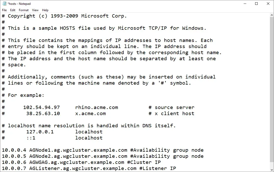 Add entries for the IP address, cluster, and listener to the host file