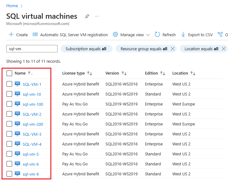 Captura de ecrã do portal do Azure, a página de recursos de máquinas virtuais SQL, com uma VM selecionada.