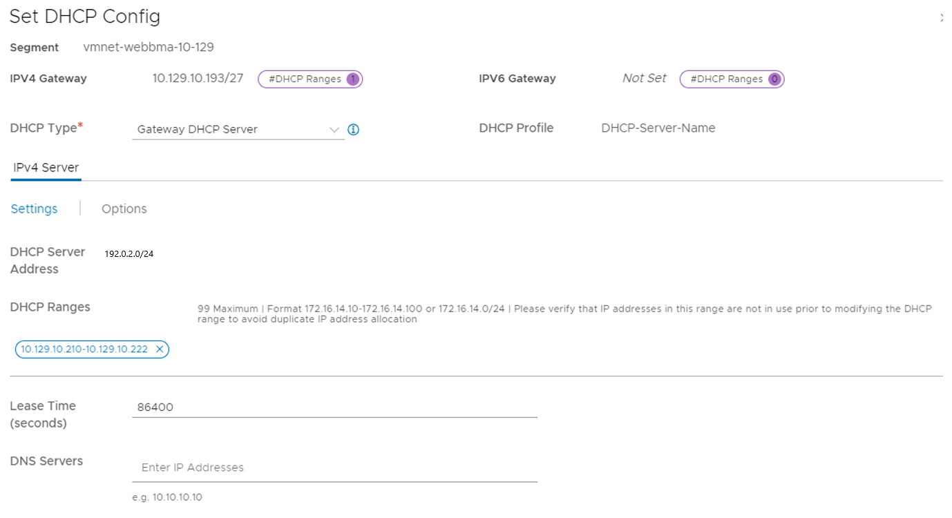 Captura de tela mostrando como adicionar uma sub-rede ao gateway NSX Tier-1 para usar um servidor DHCP.