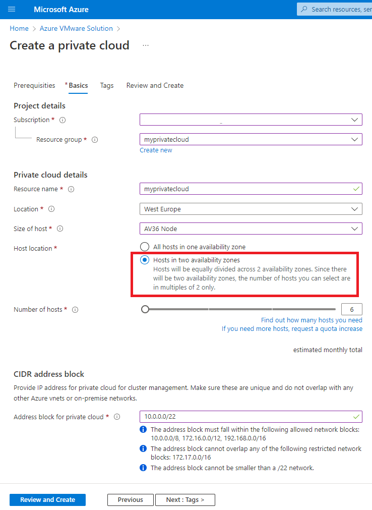 A captura de tela mostra onde selecionar hosts em duas zonas de disponibilidade.