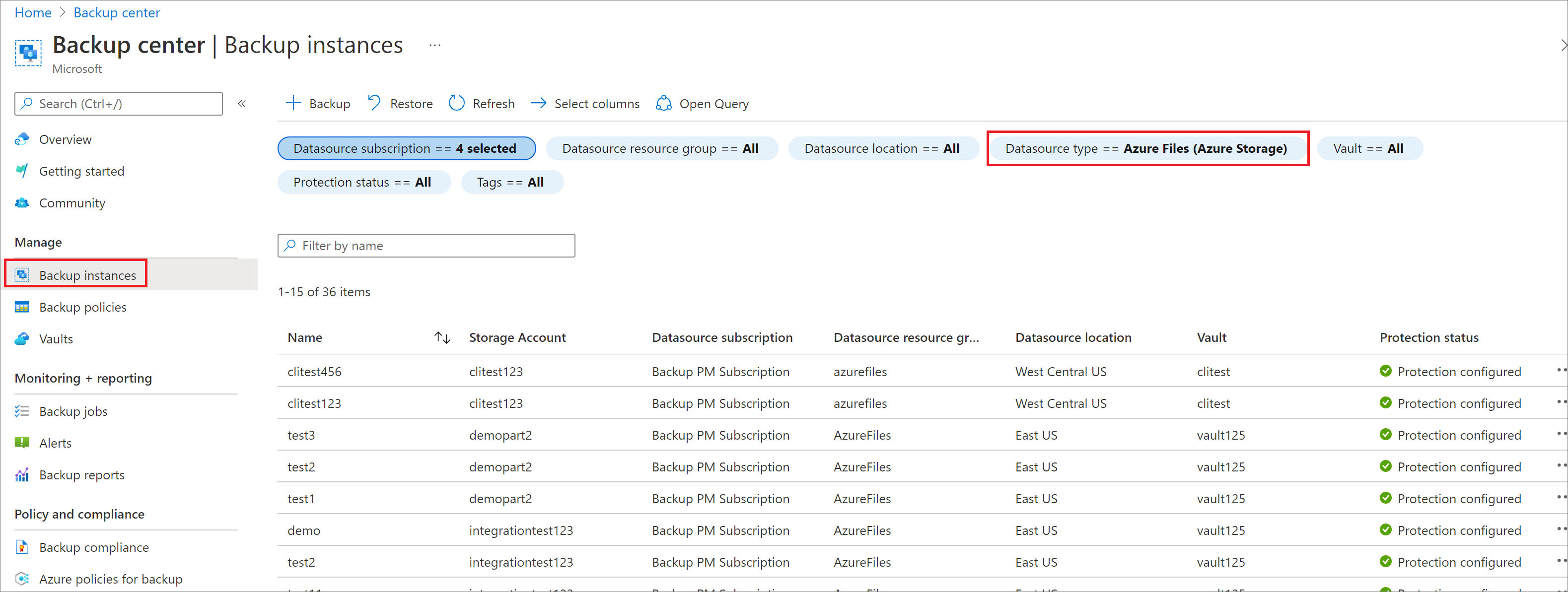 Captura de tela mostrando para selecionar instâncias de backup.