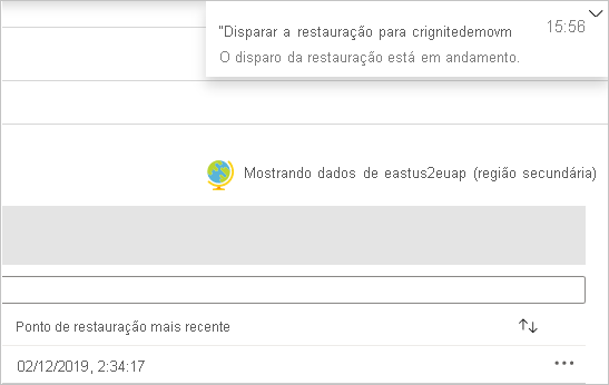 Captura de tela que mostra uma notificação 'Restauração de gatilho em andamento'.