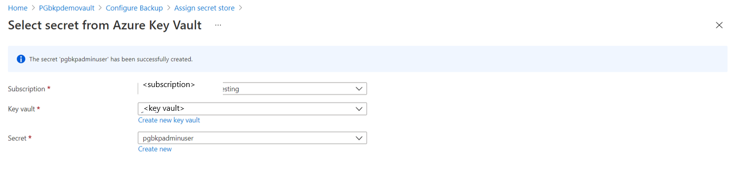 Captura de ecrã a mostrar a seleção de segredos do Azure Key Vault.