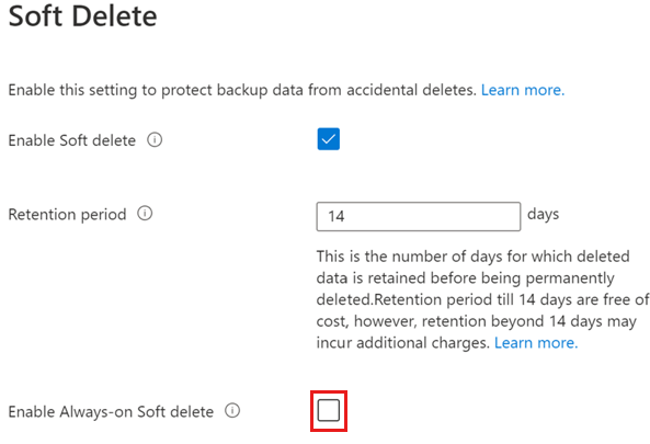 Captura de tela mostrando como habilitar o estado sempre ativo para o cofre de backup.