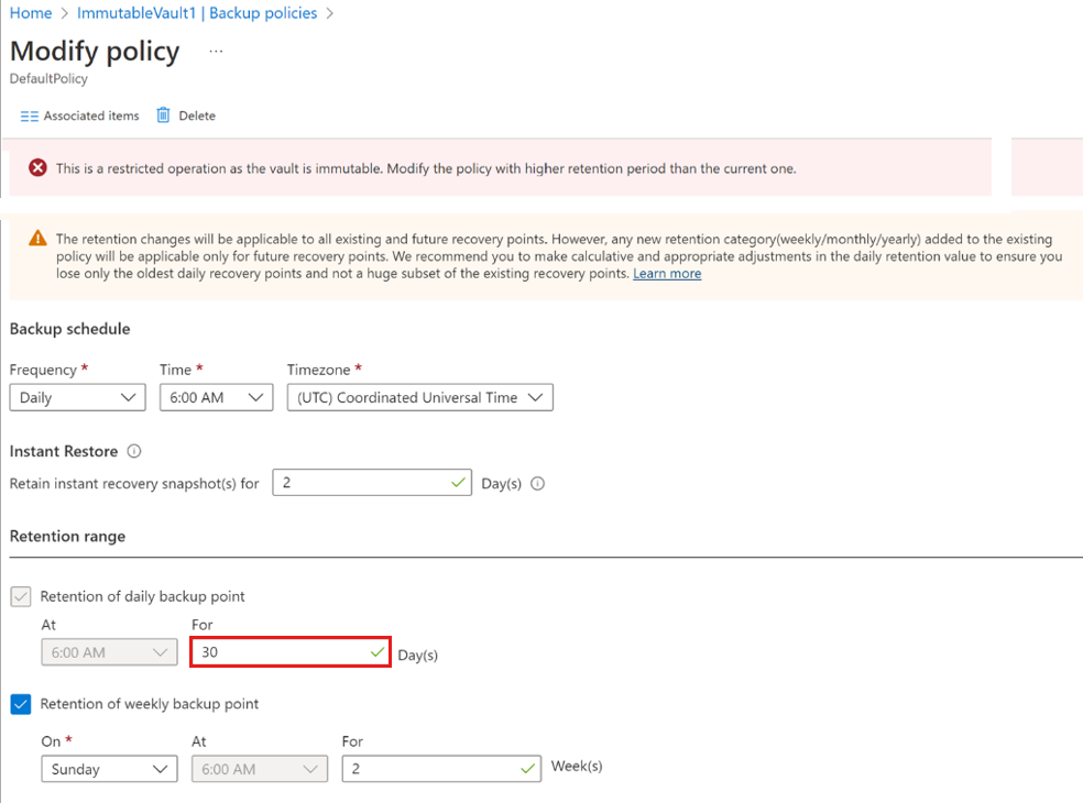 Captura de tela mostrando como modificar a política de backup para reduzir a retenção de backup.